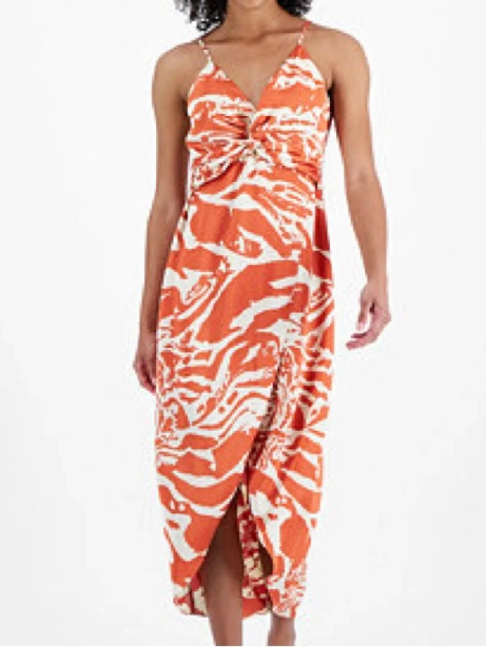 Bar III Printed Hammered-Satin Twist-Front Faux-Wrap Midi Dress Orange Cream‎ XL